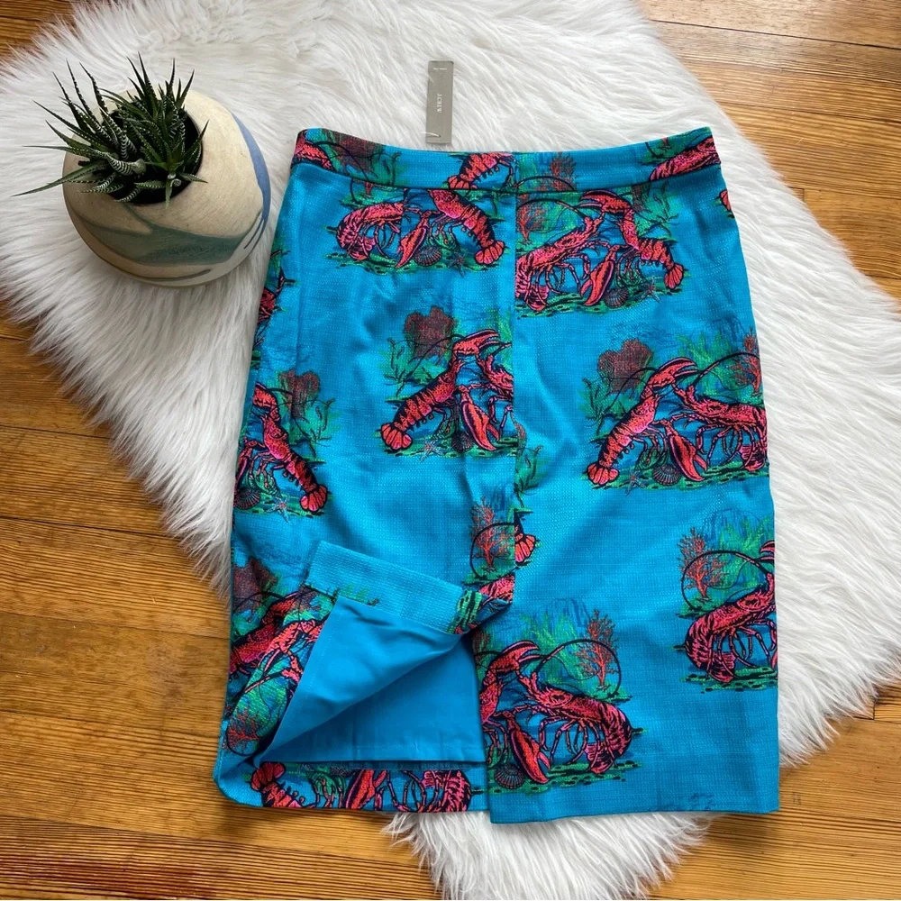 J. Crew Turquoise Blue Pencil Skirt with Coral Lobster Print